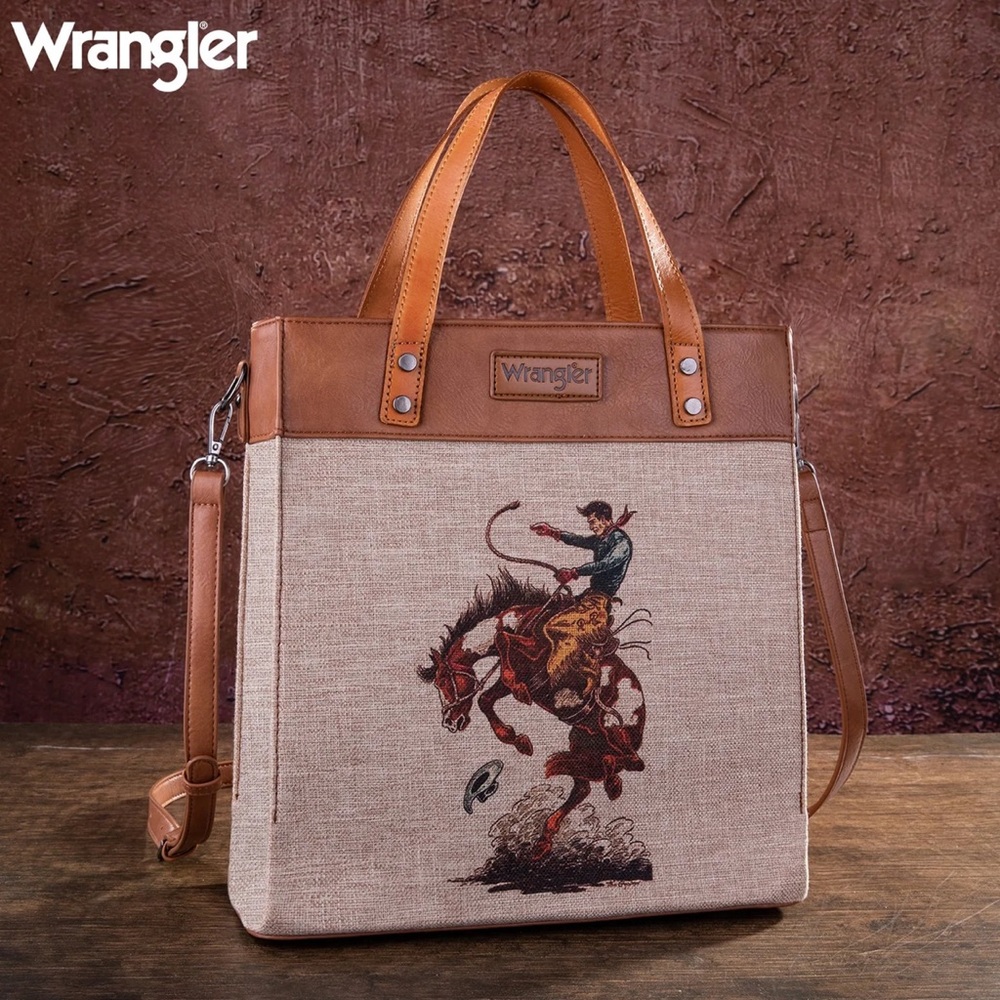 Wrangler Bucking Bronco Canvas Tan Crossbody Tote Bag